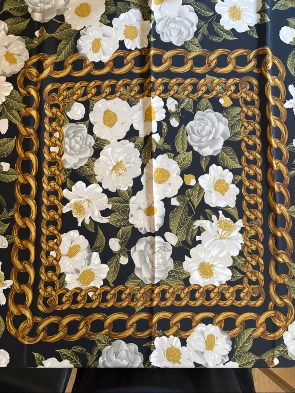 Vintage Chanel Camellia Print Silk Scarf. Black, Gold and White.